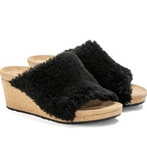 Birkenstock Papillio Black Shearling Teddy Wedge Sandals Size 9 EU 40 NEW